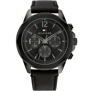 1792062 tommy hilfiger watch men black dial leather strap quartz battery analog lars