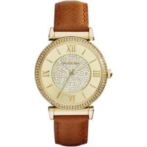 Mk2375 michael kors watch women crystals gold dial leather brown strap quartz battery analog three hand catlin