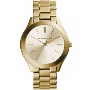 Mk3179 michael kors watch women gold dial metal stainless steel golden strap quartz battery analog three hand slim runway