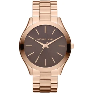 Mk3181 michael kors watch women brown dial metal stainless steel rose gold strap quartz battery analog three hand slim runway