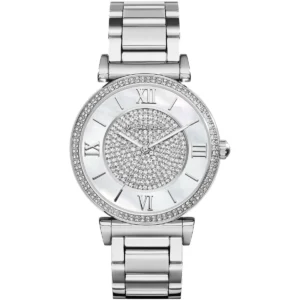 Mk3355 michael kors watch women crystals white dial metal stainless steel silver strap quartz battery analog three hand catlin