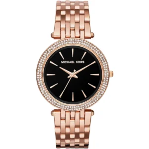 Mk3402 michael kors watch women crystals black dial metal stainless steel rose gold strap quartz battery analog three hand darci