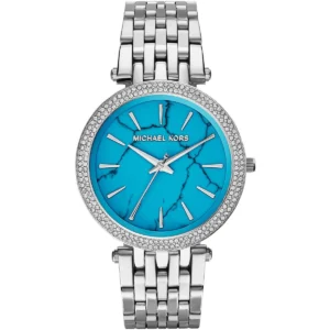 Mk3403 michael kors watch women crystals blue dial metal stainless steel silver strap quartz battery analog three hand darci
