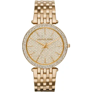 Mk3438 michael kors watch women crystals gold dial metal stainless steel golden strap quartz battery analog three hand darci