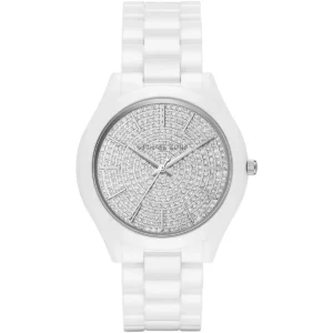Mk3448 michael kors watch women crystals white dial ceramic strap quartz battery analog three hand runway slim