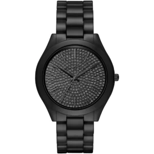 Mk3449 michael kors watch women crystals black dial ceramic strap quartz battery analog three hand runway slim