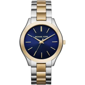 Mk3479 michael kors watch women blue dial metal stainless steel silver gold two tone strap quartz battery analog three hand runway slim