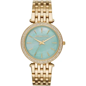 Mk3498 michael kors watch women crystals mother of pearl blue dial metal stainless steel gold strap quartz battery analog three hand darci