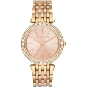 Mk3507 michael kors watch women crystals pink dial metal stainless steel gold strap quartz battery analog three hand darci