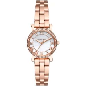 Mk3558 michael kors watch women mother of pearl white dial metal stainless steel rose gold strap quartz battery analog three hand norie petite