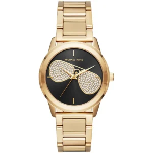 Mk3647 michael kors watch women crystals black dial metal stainless steel gold strap quartz battery analog three hand hartman