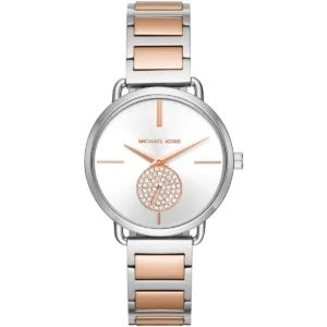 Mk3709 michael kors watch women crystals silver dial metal stainless steel rose gold two tone strap quartz battery analog three hand portia