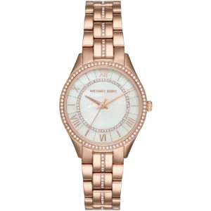 Mk3716 michael kors watch women crystals white dial metal stainless steel rose gold strap quartz battery analog three hand lauryn