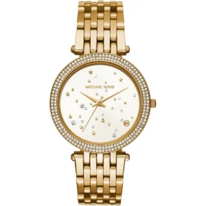 Mk3727 michael kors watch women crystals white dial metal stainless steel gold strap quartz battery analog three hand darci