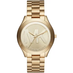 Mk3739 michael kors watch women mk logo gold dial metal stainless steel golden strap quartz battery analog three hand runway slim