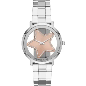 Mk3815 michael kors watch women star rose gold dial metal stainless steel silver strap quartz battery analog three hand jaryn