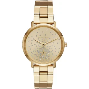Mk3818 michael kors watch women crystals gold dial metal stainless steel golden strap quartz battery analog three hand jaryn