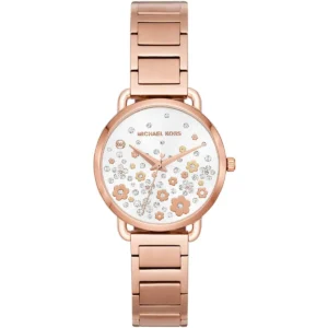 Mk3841 michael kors watch women flowers crystals white dial metal stainless steel rose gold strap quartz battery analog three hand portia