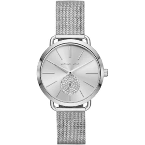 Mk3843 michael kors watch women crystals silver dial metal stainless steel mesh strap quartz battery analog three hand portia