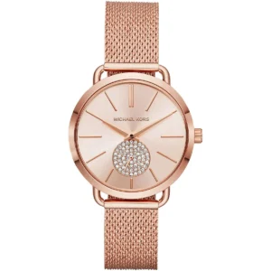 Mk3845 michael kors watch women crystals rose gold dial metal stainless steel mesh strap quartz battery analog three hand portia