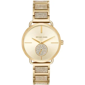 Mk3852 michael kors watch women crystals gold dial metal stainless steel golden strap quartz battery analog three hand portia