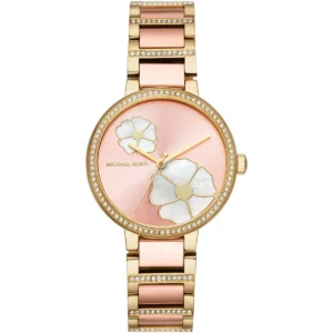 Mk3861 michael kors watch women flowers crystals rose gold dial metal stainless steel golden strap quartz battery analog three hand courtney