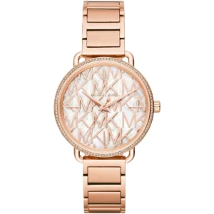 Mk3887 michael kors watch women mk logo silver dial metal stainless steel rose gold strap quartz battery analog three hand portia