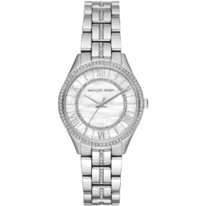 Mk3900 michael kors watch women mother of pearl crystals white dial metal stainless steel silver strap quartz battery analog three hand lauryn