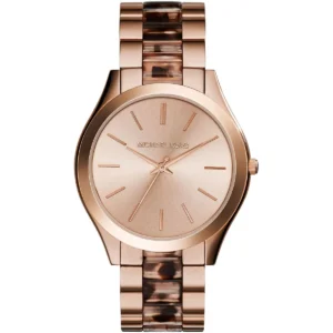 Mk4301 michael kors watch women rose gold dial multi brown strap quartz battery analog three hand runway slim