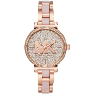Mk4336 michael kors watch women mk logo crystals rose gold dial metal stainless steel pink strap quartz battery analog three hand sofie