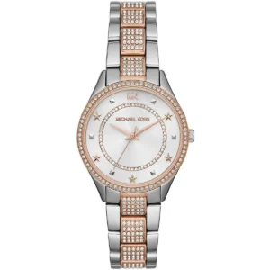 Mk4388 michael kors watch women crystals white dial metal stainless steel silver rose gold two tone strap quartz battery analog three hand lauryn