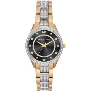Mk4403 michael kors watch women crystals black dial metal stainless steel silver gold two tone strap quartz battery analog three hand lauryn
