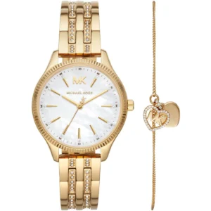 Mk4492 michael kors watch women bracelet gift set crystals mother of pearl white dial metal stainless steel gold strap quartz battery analog three hand lexington