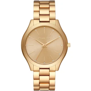 Mk4501 michael kors watch women gold dial metal stainless steel golden strap quartz battery analog three hand runway slim