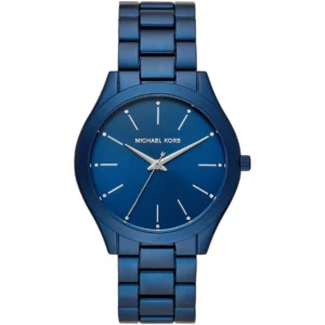 Mk4503 michael kors watch women blue dial metal stainless steel strap quartz battery analog three hand runway slim