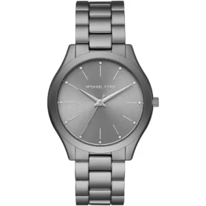 Mk4506 michael kors watch women gray dial metal stainless steel grey strap quartz battery analog three hand runway slim