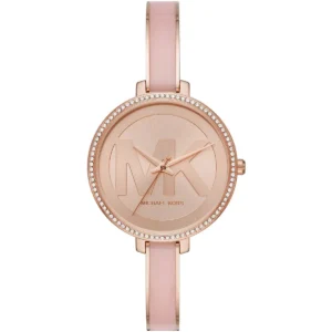 Mk4545 michael kors watch women mk logo rose gold dial metal stainless steel pink strap quartz battery analog three hand jaryn