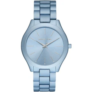 Mk4548 michael kors watch women blue dial metal stainless steel strap quartz battery analog three hand runway slim