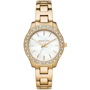 Mk4555 michael kors watch women crystals white dial metal stainless steel gold strap quartz battery analog three hand liliane
