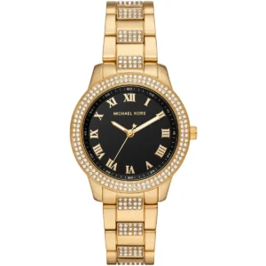 Mk4684 michael kors watch women crystals black dial metal stainless steel gold strap quartz battery analog three hand tibby