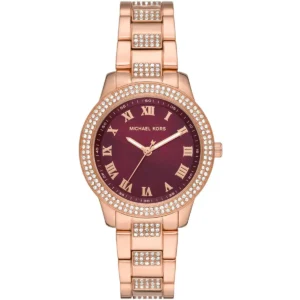 Mk4685 michael kors watch women crystals burgundy dial metal stainless steel rose gold strap quartz battery analog three hand tibby