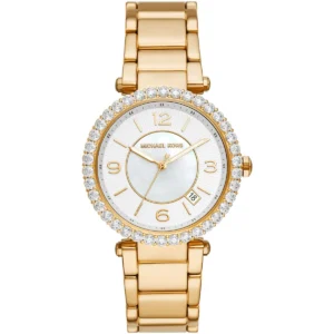 Mk4693 michael kors watch women crystals white dial metal stainless steel gold strap quartz battery analog three hand parker