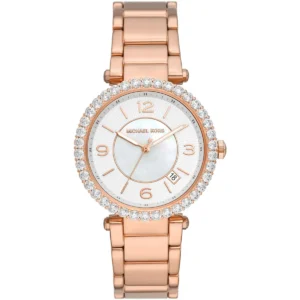 Mk4695 michael kors watch women crystals white dial metal stainless steel rose gold strap quartz battery analog three hand parker