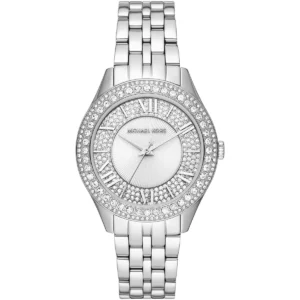 Mk4708 michael kors watch women crystals silver dial metal stainless steel strap quartz battery analog three hand harlowe