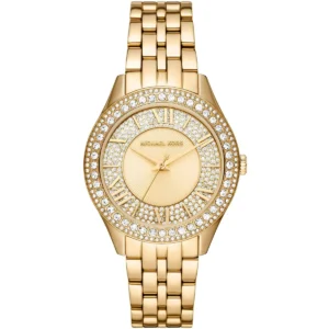 Mk4709 michael kors watch women crystals gold dial metal stainless steel golden strap quartz battery analog three hand harlowe