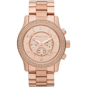 Mk5576 michael kors watch women crystals rose gold dial metal stainless steel strap quartz battery analog chronograph runway