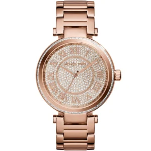 Mk5868 michael kors watch women crystals silver dial metal stainless steel rose gold strap quartz battery analog three hand skylar