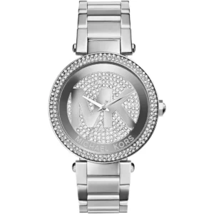 Mk5925 michael kors watch women crystals mk logo silver dial metal stainless steel strap quartz battery analog three hand parker