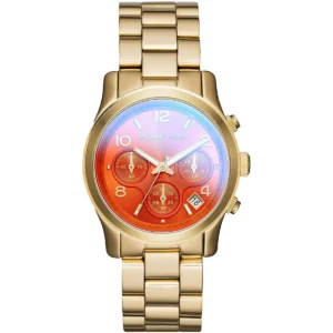 Mk5939 michael kors watch women pink dial metal stainless steel gold strap quartz battery analog chronograph runway