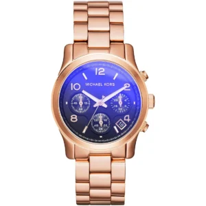 Mk5940 michael kors watch women blue dial metal stainless steel rose gold strap quartz battery analog chronograph runway